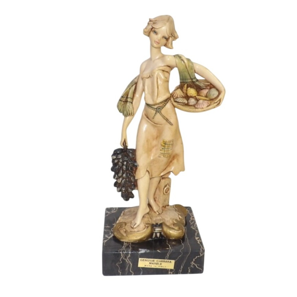 Vintage Santini Italy Figurine Woman with Grapes & Shells Carrara Marble Base